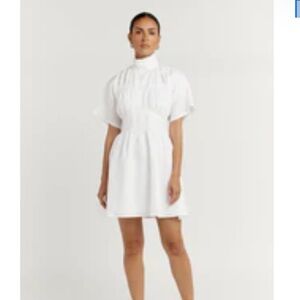 DISSH TINA WHITE LINEN HIGH NECK DRESS